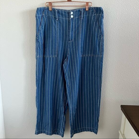 Seven7 Striped Wide Leg Crop Pants Chambray Denim Train Conductor 10 - Picture 1 of 13
